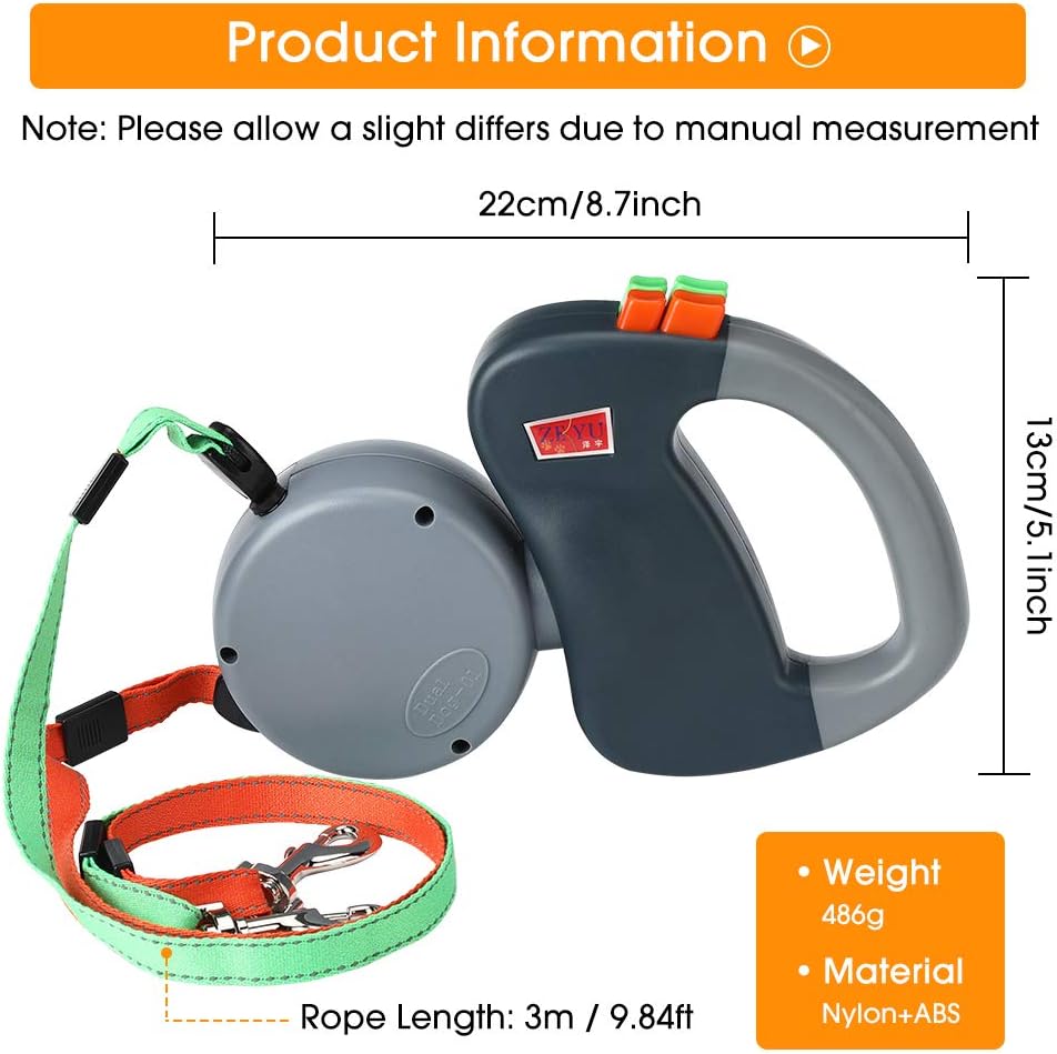Dual Retractable Dog Leash – No-Tangle 10ft Lead with Soft Gel Handle for 2 Dogs