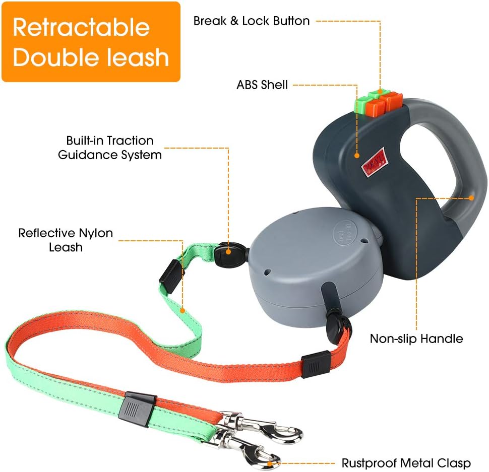 Dual Retractable Dog Leash – No-Tangle 10ft Lead with Soft Gel Handle for 2 Dogs