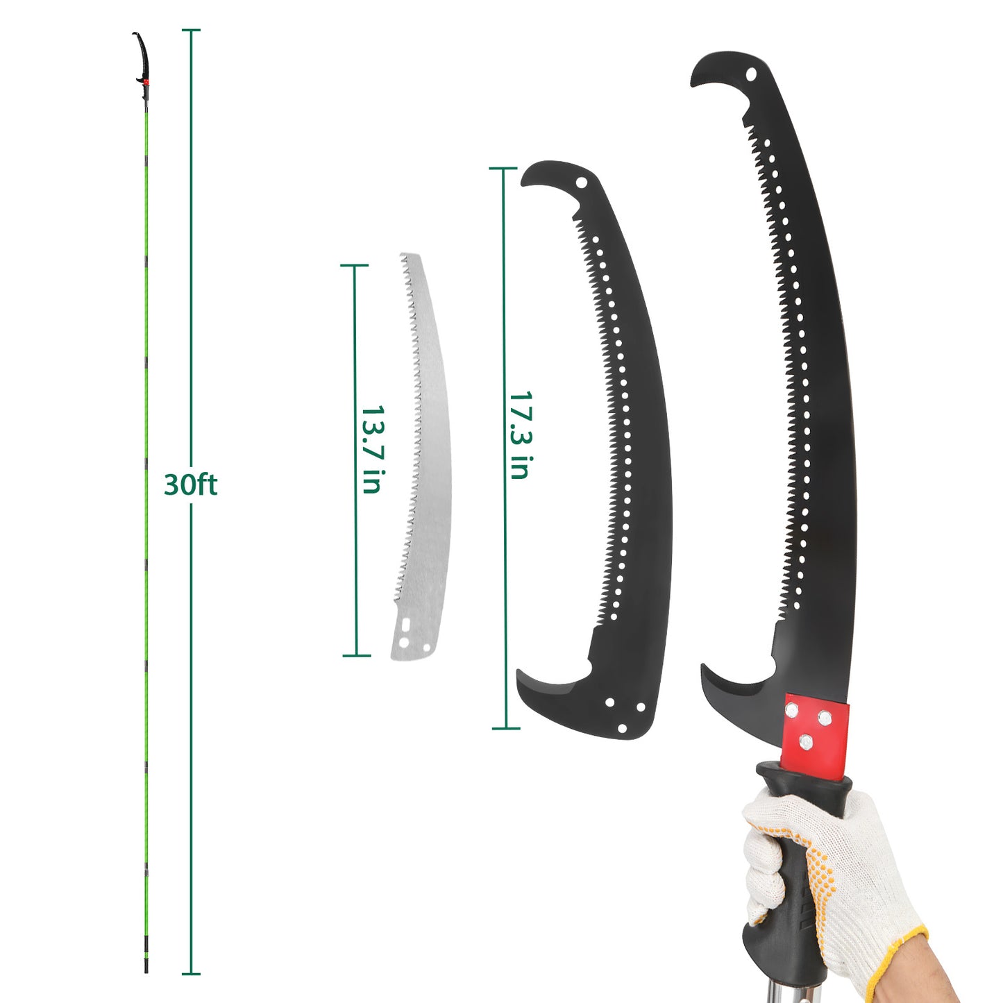 30ft Green Manual Trimmer Pole Saw Spiral Splicing With Portable Bag Fiberglass Pole Tool